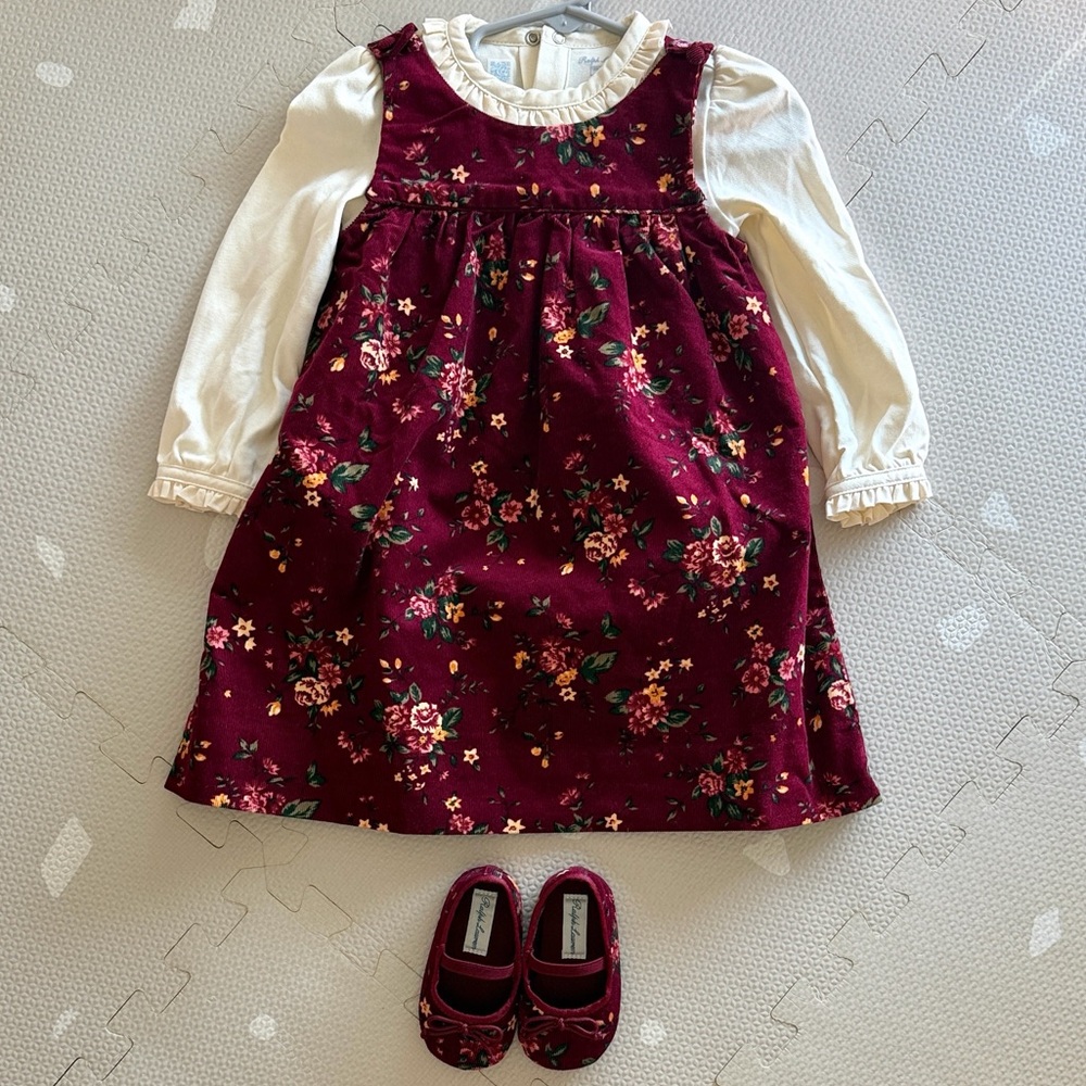 RL cotton bodysuit and corduroy dress set 18M and Allie flora corduroy flat 🥿
